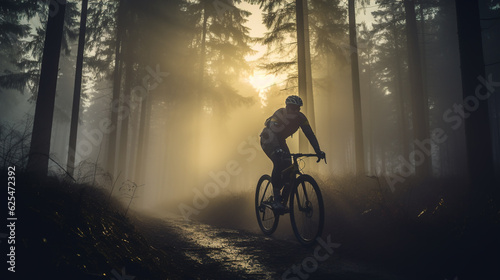 a cyclist riding through a misty forest at sunrise: The cyclist's silhouette moving through a foggy forest, with rays of sunlight streaming through the trees, creating a dreamy and atmospheric scene