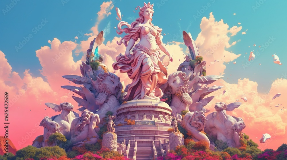 Abstract background statue in the divine palace mythology. A charming illustration of a mythological goddess who protects the palace from evil. Generative AI.