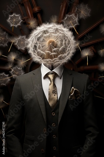 A dandelion in a suit and tie with a dandelion head. Generative AI.