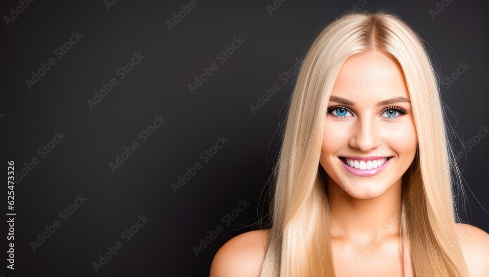 Portrait beautiful blonde model woman with white teeth smile, healthy long hair and beauty skin on dark background. Concept of advertising dentist and facial care. Generative AI