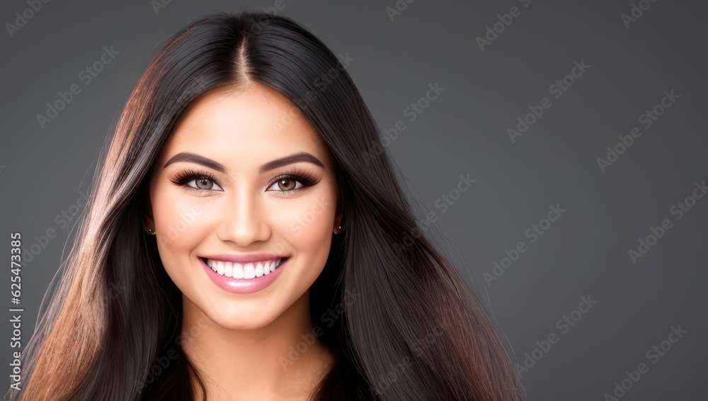 Fototapeta premium Portrait beautiful brunette model woman with white teeth smile, healthy long hair and beauty skin on dark background. Concept of advertising dentist and facial care. Generative AI