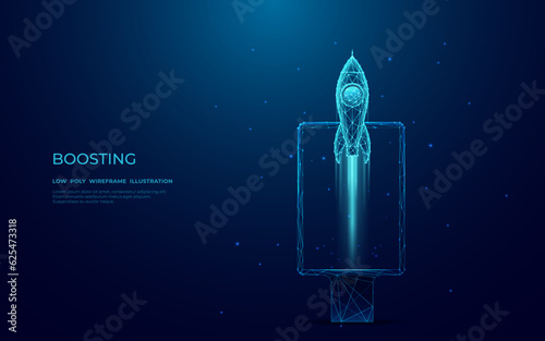 Digital rocket launch on vertical street poster billboard. Advertising agency concept in technological light blue background. Low poly wireframe vector illustration with 3D effect.