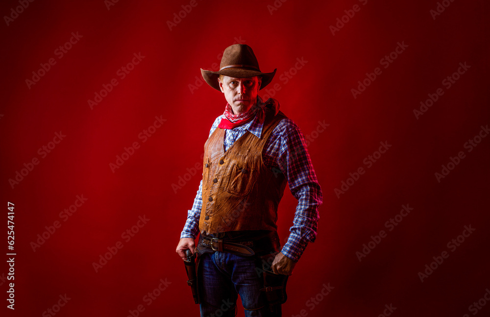 American cowboy. Cowboy wearing hat. Western life. Guy in cowboy hat