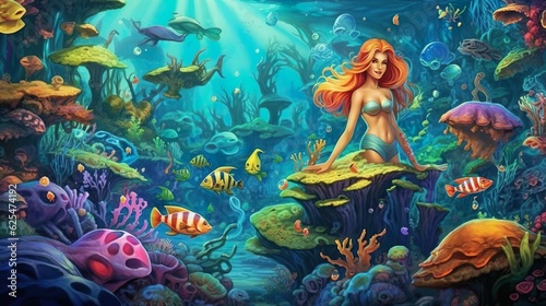 Abstract background kingdom with mermaids under the sea. A breathtaking background depicting a kingdom beneath the waves  adorned with beautiful mermaids. Generative AI.