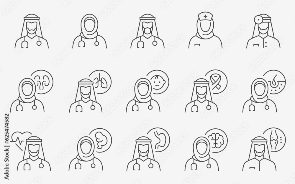 Arabian muslim doctor icons, such as pediatrician, cardiologist, dermatologist, gastroenterologist, pulmonologist and more. Editable stroke.