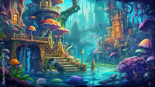Abstract background kingdom with mermaids under the sea. A stunning banner design displaying an underwater kingdom teeming with enchanting plants. Generative AI.
