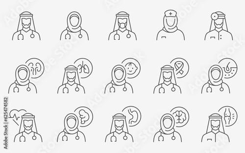 Arabian muslim doctor icons  such as pediatrician  cardiologist  dermatologist  gastroenterologist  pulmonologist and more. Editable stroke.