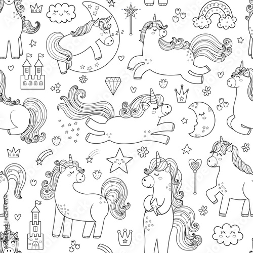 Cute unicorns black and white seamless pattern for kids. Magic pony background in outline. Great for coloring page, apparel, fabric, wallpaper. Vector illustration