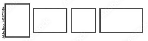 Set of black photo frames. White passe-partout. Square and rectangular pictures. Poster or painting template on a transparent background.