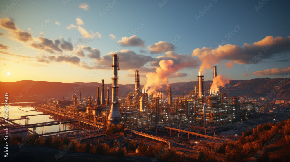 Petrochemical plant at sunset. Oil and gas industry. Generative AI.