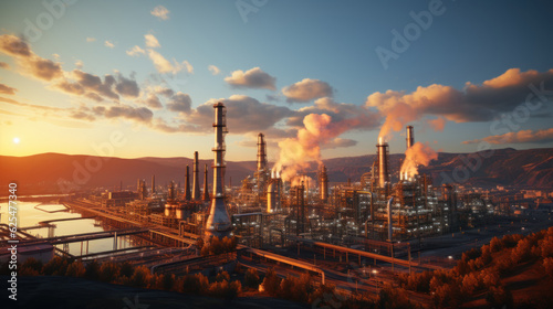 Petrochemical plant at sunset. Oil and gas industry. Generative AI.