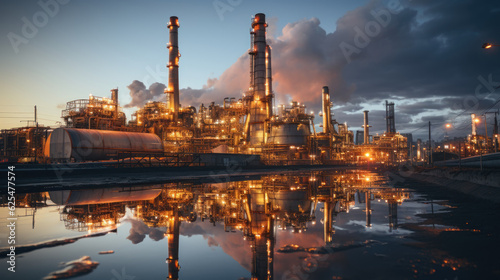 Refinery plant at sunset. Oil and gas industry. Generative AI.