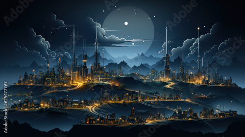 Fantasy city at night. Futuristic industrial factory landscape. Vector illustration. Generative AI. © AS Photo Family