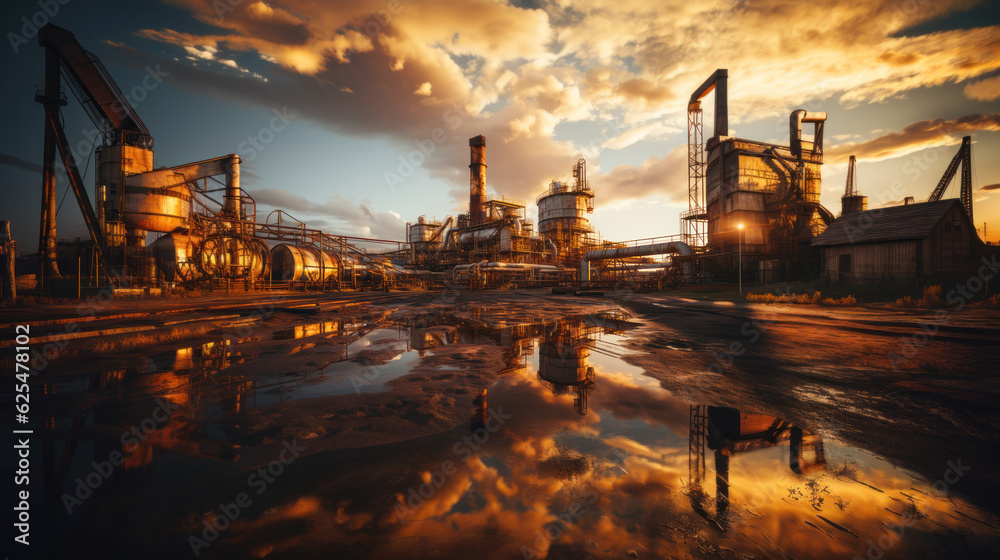 Industrial landscape with the image of old factory at sunset, toned. Generative AI.
