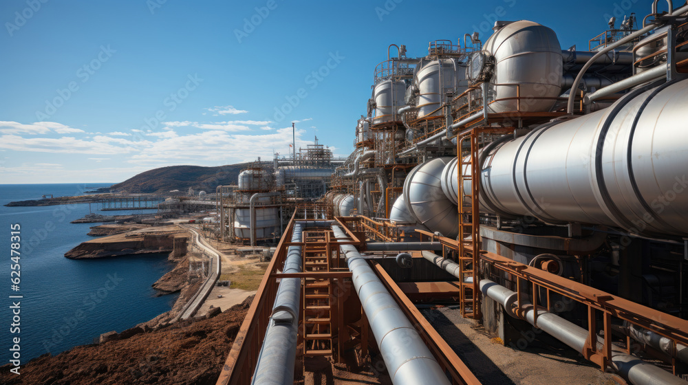 Naklejka premium Industrial zone, Steel pipelines and cables in petrochemical plant. Generative AI.