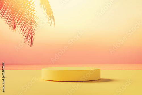 3d podium with copy space for product display presentation on palm beach and sunset sky background. Tropical summer and vacation concept.