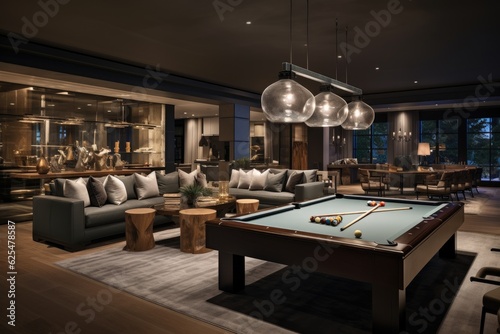 Unwinding in a calming environment enriched with vibrant seating options, a pool table, a warm fireplace, a television, and a well stocked bar.
