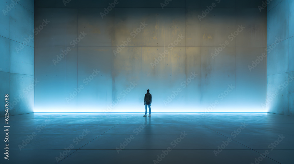 Person Standing in Expansive Room with Illumination