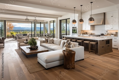 Stunning interior design of the living room in a brand new luxurious home  featuring exquisite hardwood flooring and a captivating view of the kitchen.