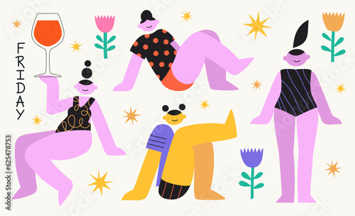 Vector illustration set with geometric body girls, abstract doodle print design, wine glass, stars and flowers. Summer body positive collection, typography lettering poster