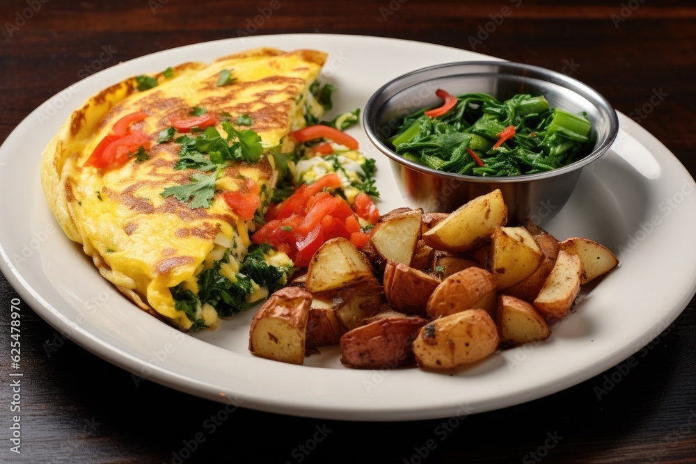 A plate with a veggie omelette served alongside home fries. A plate with a veggie omelette served alongside home fries.