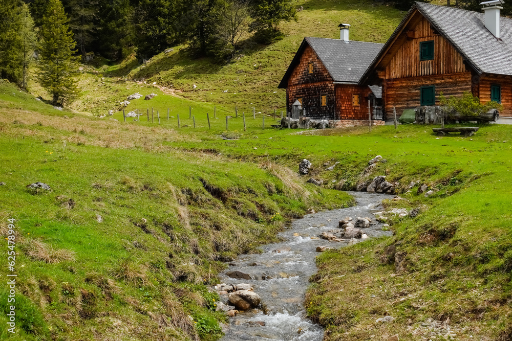 little brook with clear water on a meadow with two alpine huts