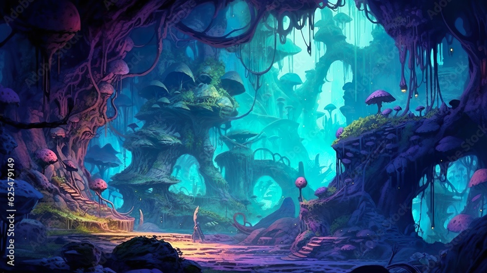 Naklejka premium Abstract background mystical cave. A visually stunning composition of abstract background and illustrative elements, transporting viewers into a neon-infused mystic cave. Generative AI.