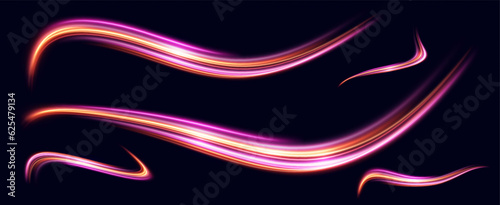 neon multicolored glowing swirl. The effect of moving at the speed of light. Easy trail. Shiny wavy path. Vector.