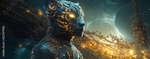 Sci-fi unreal animal, fantasy creature with colorful sky background, panorama. Generative Ai.