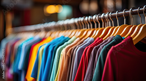 plain t-shirts of different colors hang on a hanger, store interior blur.