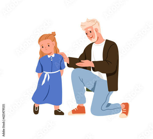 Father comforting, supporting offended girl daughter. Dad talking, speaking to kid. Man parent teaching, explaining to sad upset little child. Flat vector illustration isolated on white background