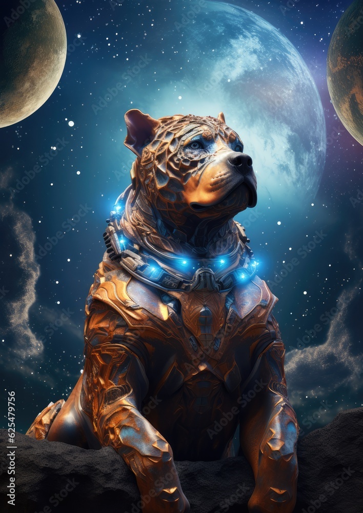 Sci-fi dog home animal, fantasy creature with colorful sky dark background. Generative Ai.