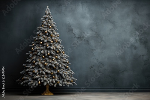 A decorated christmas tree in front of a gray wall. Generative AI.