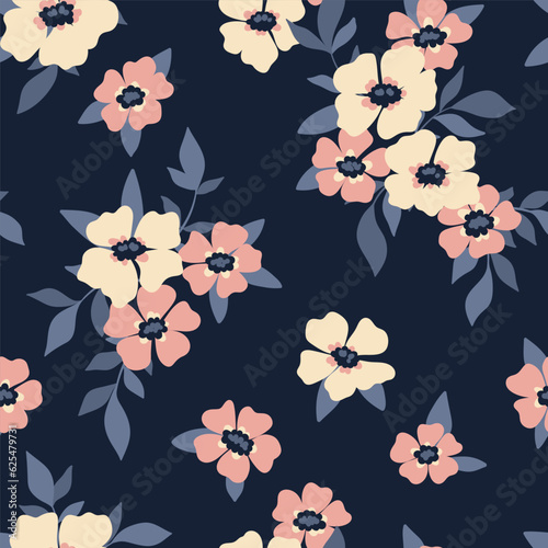 Seamless floral pattern  romantic ditsy print in vintage style. Beautiful botanical design for fabric  paper  small hand drawn pink flowers  leaves on a dark blue background. Vector illustration.