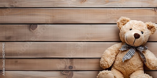 Lovely concept. Cute and classic. Teddy bear on vintage wooden table with retro design