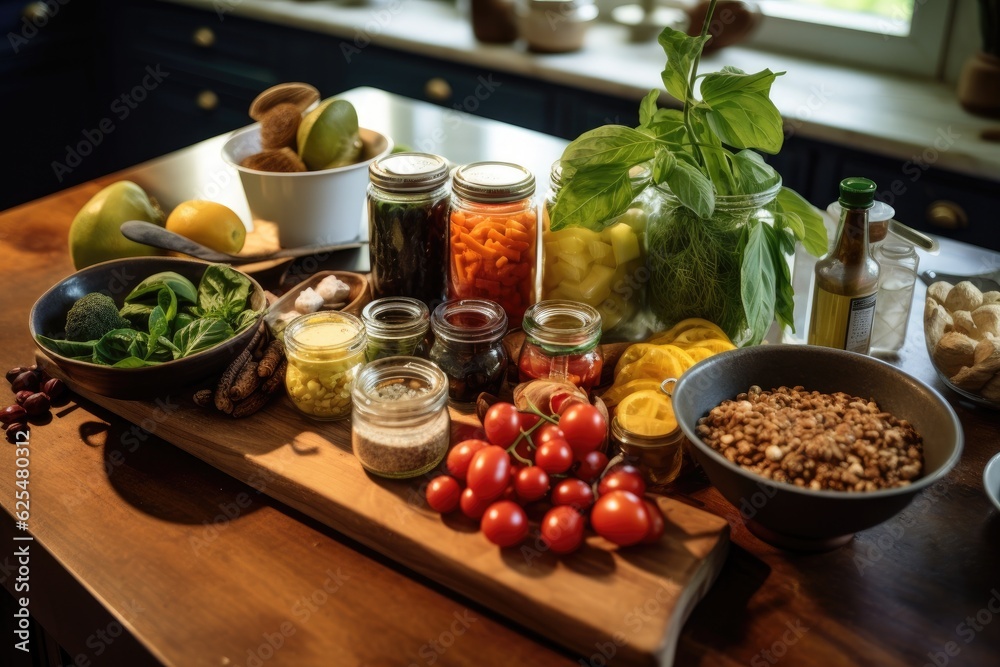 The ingredients for the recipe are placed on the countertop in the kitchen of ones home. The ingredients for the recipe are placed on the countertop in the kitchen of ones home.