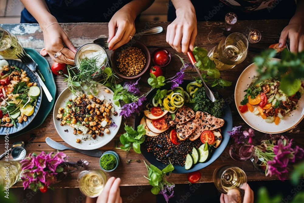 High angle view of fresh meal on table. Women are eating healthy food. They are with Mediterranean platter.