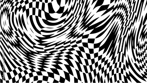 Black and white chess wave pattern. Checker board swirl background.