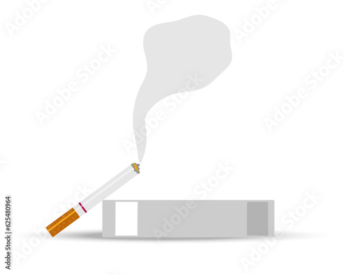 Ashtray with smoking cigarette side view. White ceramic ashtray Flat vector illustration isolated on white background. Smoking utensils. Addiction, harm to health, smoking kills concept