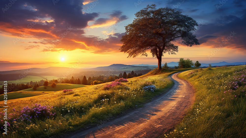 A serene countryside landscape with the setting sun
