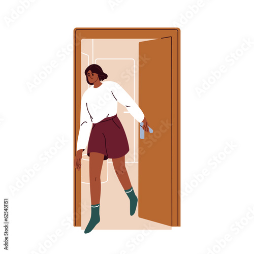 Girl leaving home room, closing door. Young black woman going out, exiting outside. Female character escaping from house, apartment. Flat vector illustration isolated on white background