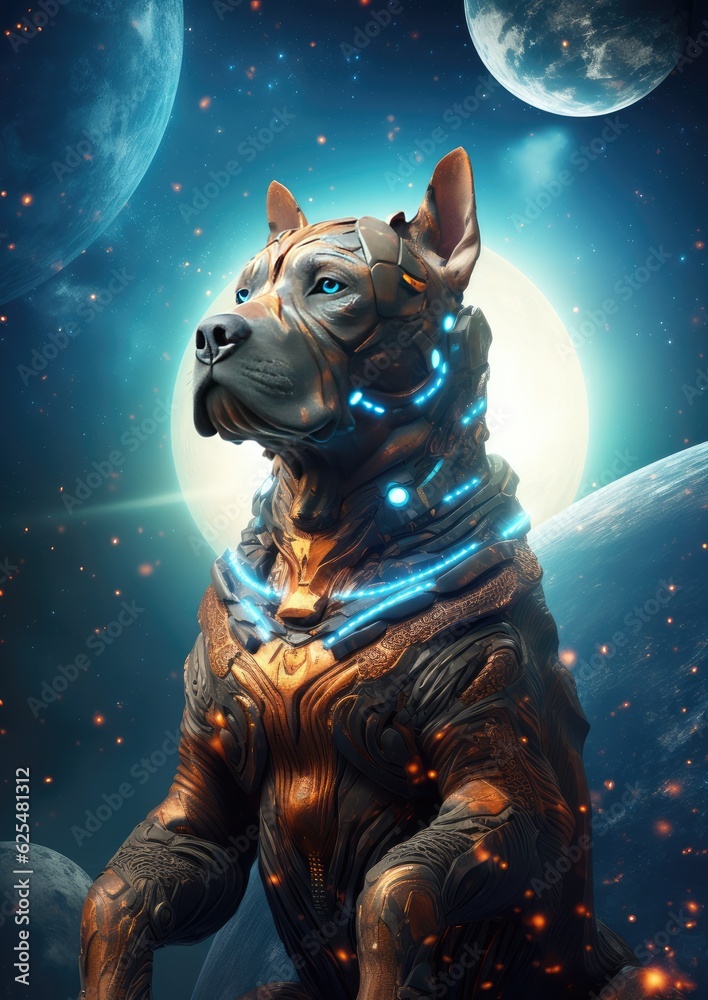 Sci-fi dog home animal, fantasy creature with colorful sky dark background. Generative Ai. Sci-fi dog home animal, fantasy creature with colorful sky dark background. Generative Ai.