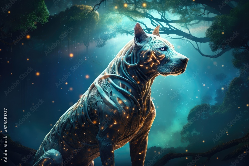 Sci-fi dog home animal, fantasy creature with colorful sky dark background. Generative Ai.