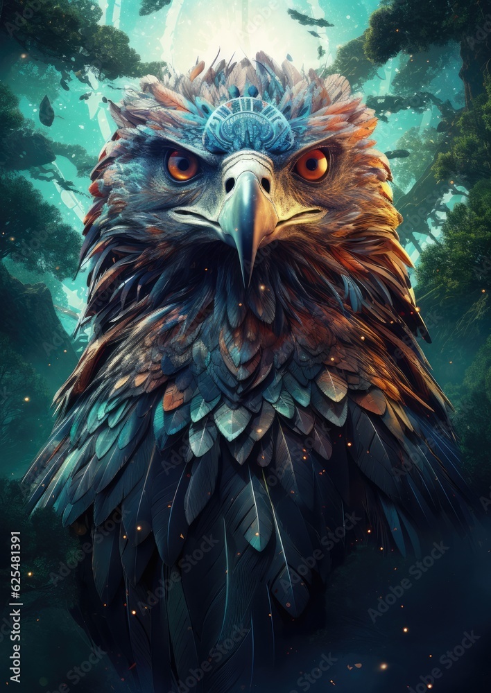 Sci-fi eagle wild animal, fantasy creature with colorful sky dark background. Generative Ai. Sci-fi eagle wild animal, fantasy creature with colorful sky dark background. Generative Ai.