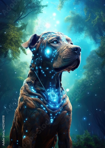 Sci-fi dog home animal, fantasy creature with colorful sky dark background. Generative Ai.