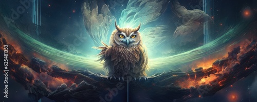 Sci-fi owl wild animal, fantasy creature with colorful sky dark background, panorama. Generative Ai.