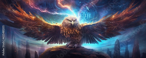 Sci-fi eagle wild animal, fantasy creature with colorful sky dark background, panorama. Generative Ai.