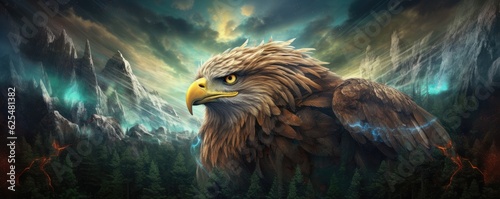 Sci-fi eagle wild animal, fantasy creature with colorful sky dark background, panorama. Generative Ai.