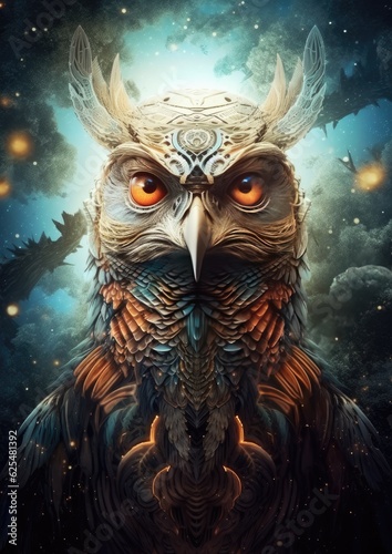 Sci-fi eagle wild animal, fantasy creature with colorful sky dark background. Generative Ai.
