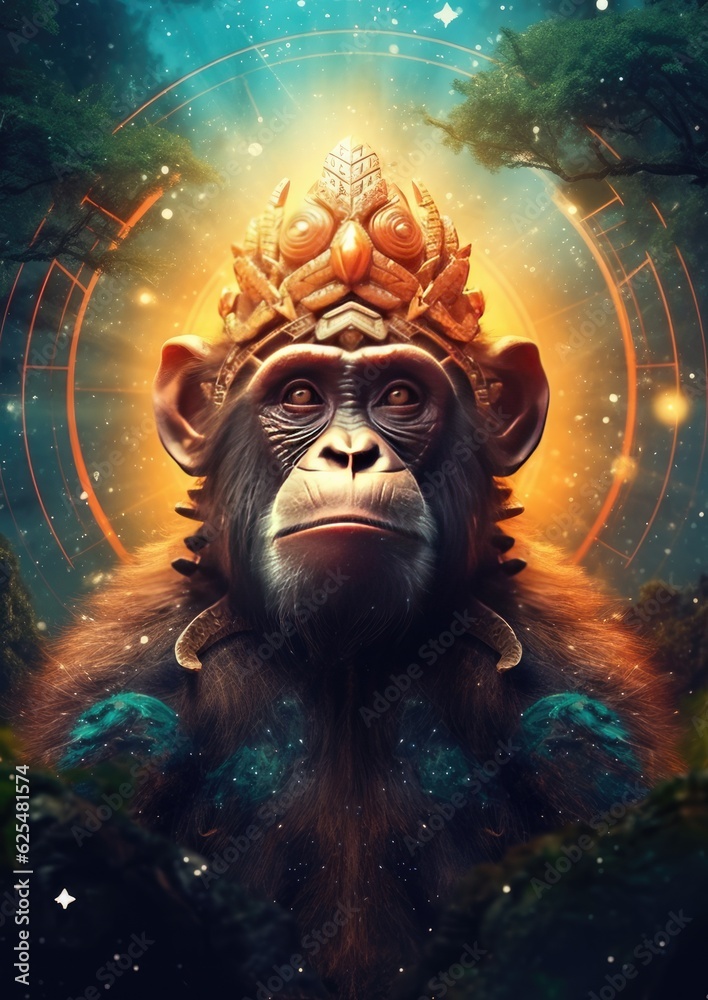 Sci-fi monkey wild  animal, fantasy creature with colorful sky dark background. Generative Ai.